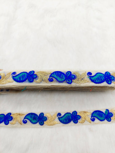 Beige Tissue Fabric Trim With Blue and Gold Embroidery, Paisley Embroidery, Trim by 2 Yards